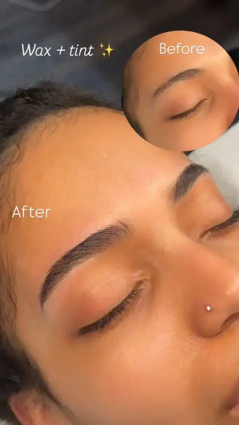 Before and after of a brow wax and tint, labelled Wax + tint