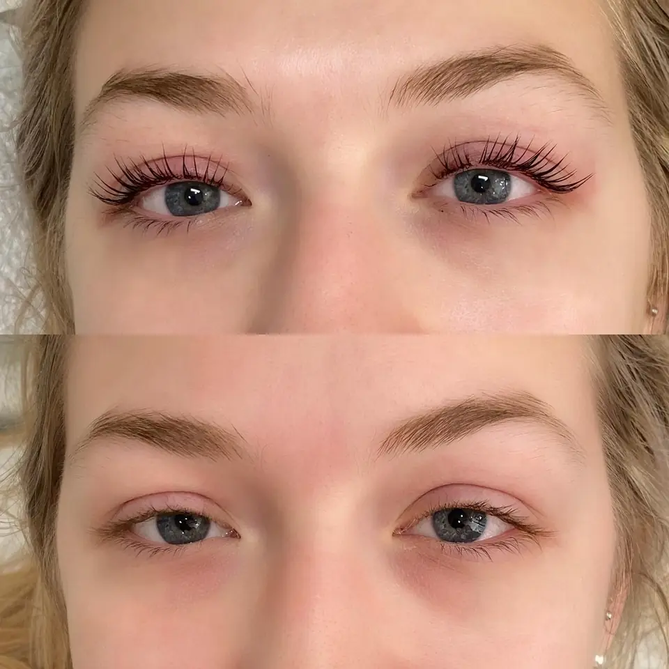 Before and after of a lash lift and tint: straight natural lashes on top, lifted and darkened lashes below