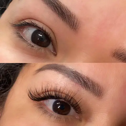 Before and after of one eye: natural lashes on top, a full lash extension set below