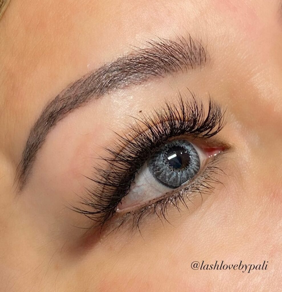 Close-up of a blue eye with long, thick eyelash extensions and a well-groomed eyebrow, showcasing the artistry of Lakeland Lash & Brow Studio. Text "@lashlovebypali" appears in the bottom right corner.