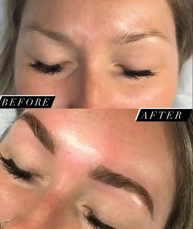 Close-up of a person's closed eyes showing "before" with thin, sparse eyebrows and "after" with fuller, well-defined brows, expertly enhanced at Lakeland Lash & Brow Studio.