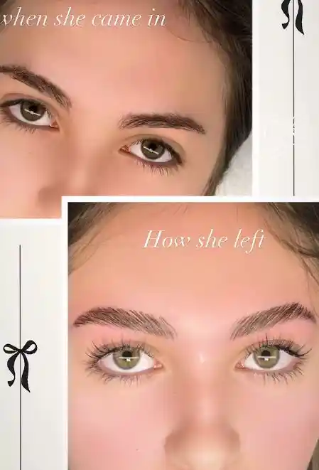 A before and after comparison of a woman's eyebrows at Lakeland Lash & Brow Studio, showing them fuller and more defined in the "after" image. Text reads "when she came in" and "How she left.